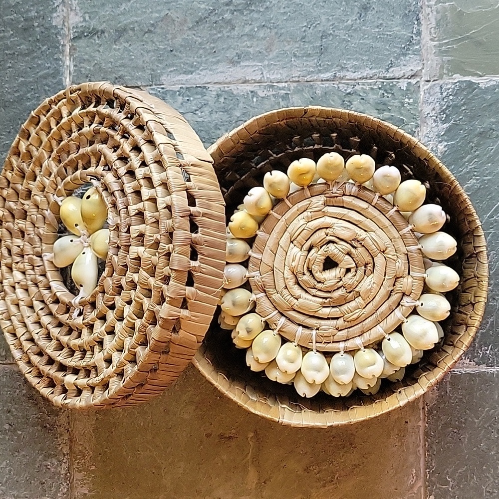 Woven Straw Basket From Martinique With Six Seashell Coasters.